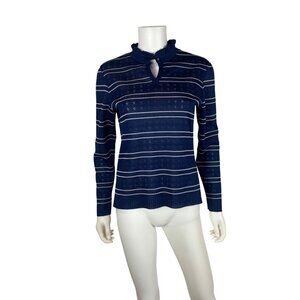 Vintage Striped Sweater Womens M Navy Blue Pointelle Ruffled Keyhole Collar Long